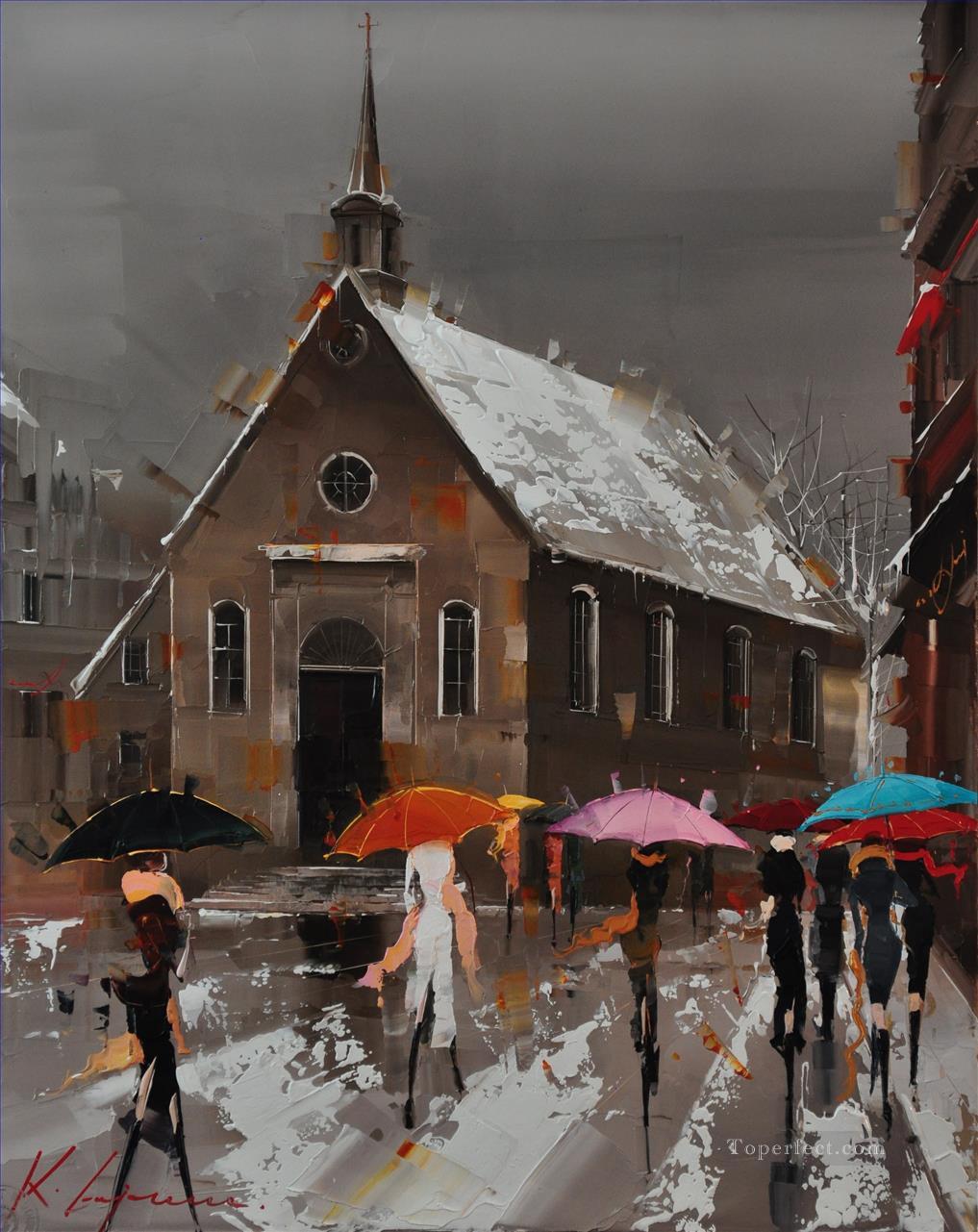 Umbrellas of Quebec Kal Gajoum by knife Oil Paintings